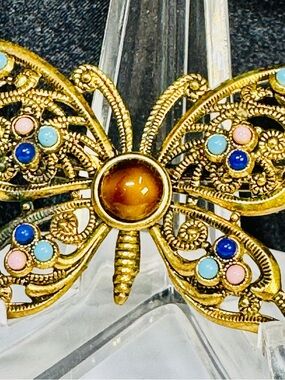 Vintage Gold Butterfly Brooch with Multicolor Cabochons marked Western Germany
